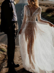 Wholesale A-Line/Princess V-Neck Long Sleeves Sequins Wedding Dress