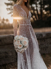 Wholesale A-Line/Princess V-Neck Long Sleeves Sequins Wedding Dress