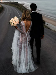 Wholesale A-Line/Princess V-Neck Long Sleeves Sequins Wedding Dress