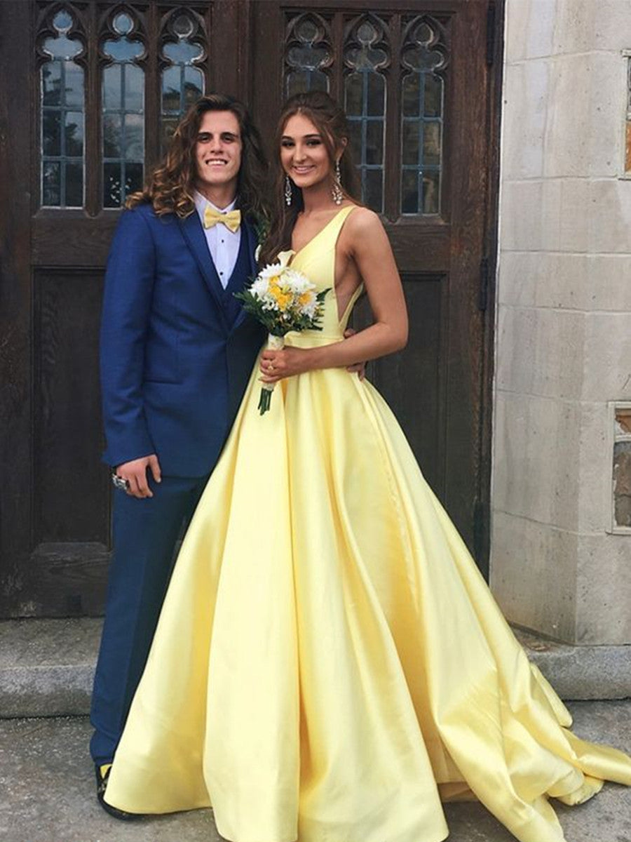 Custom Made A Line Yellow V Neck Prom Dresses, V Neck Formal Dresses, Yellow Graduation Dresses