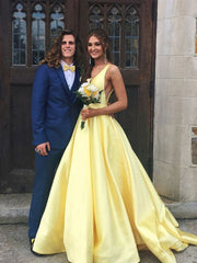 Custom Made A Line Yellow V Neck Prom Dresses, V Neck Formal Dresses, Yellow Graduation Dresses
