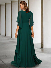 DingjiA-Line Mother of the Bride Dress Elegant V Neck Sweep / Brush Train Chiffon Half Sleeve with Sash / Ribbon Ruffles