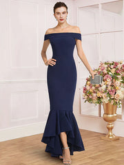 Sheath / Column Mother of the Bride Dress Wedding Guest Party Elegant Off Shoulder Asymmetrical Stretch Fabric Cap Sleeve with Pleats Solid Color