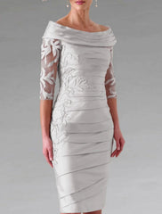 Sheath / Column Mother of the Bride Dress Wedding Guest Elegant Off Shoulder Knee Length Taffeta Half Sleeve with Appliques Ruching