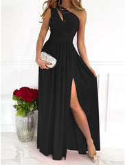 Women's Long Dress Maxi Dress Party Dress Homecoming Dress Swing Dress Pure Color Fashion Streetwear Outdoor Date Vacation Ruched Split Sleeveless One Shoulder Dress Regular Fit Black Red Green