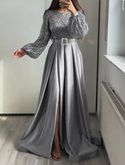 Aimishang A-Line Evening Gown Elegant Dress Wedding Black Tie Floor Length Long Sleeve Jewel Neck Fall Wedding Guest Satin with Sequin
