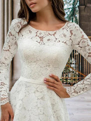 Engagement Formal Fall Wedding Dresses A-Line Illusion Neck Long Sleeve Court Train Lace Bridal Gowns With Sashes / Ribbons Pleats Summer Wedding Party