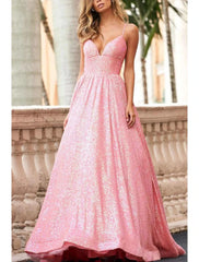 A-Line Prom Dresses Elegant Dress Formal Prom Sweep / Brush Train Sleeveless Spaghetti Strap Tulle with Sequin