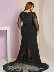 DingjiPlus Size Curve Mother of the Bride Dress Wedding Guest Vintage Party V Neck Court Train Chiffon Lace Long Sleeve with Sequin
