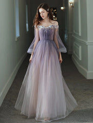 Aimishang A-Line Minimalist Elegant Party Wear Prom Dress Off Shoulder Long Sleeve Floor Length Tulle with Appliques