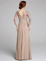 A-Line Mother of the Bride Dress Sparkle & Shine Boat Neck Floor Length Chiffon Lace 3/4 Length Sleeve with Crystals