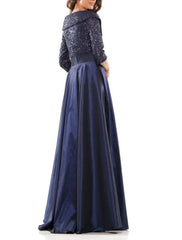 A-Line Evening Gown Elegant Dress Formal Black Dress Plus Size Floor Length Half Sleeve V Neck Satin with Bow(s) Pleats Sequin 2025