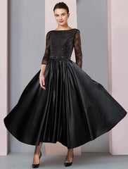 Aimishang  A-Line Mother of the Bride Dress Formal Wedding Guest Party Elegant Scoop Neck Tea Length Satin Lace 3/4 Length Sleeve with Sash / Ribbon Pleats
