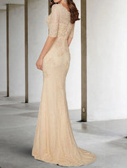 Mermaid / Trumpet Mother of the Bride Dress Wedding Guest Plus Size Sexy V Neck Sweep / Brush Train Chiffon Lace Half Sleeve with Lace Appliques Fall