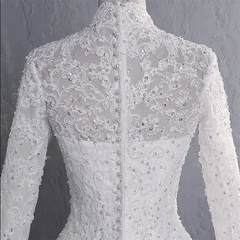 A Line Lace Applique Long Sleeves High Neck Muslim Wedding Dresses