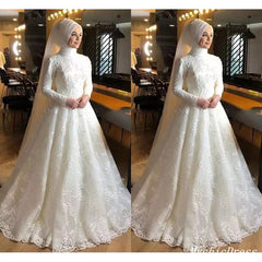 A Line Lace White Muslim Wedding Dresses High Neck Applique Long Sleeves