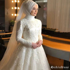 A Line Lace White Muslim Wedding Dresses High Neck Applique Long Sleeves