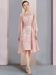 Aimishang  Two Piece Sheath / Column Mother of the Bride Dress Formal Wedding Guest Elegant Scoop Neck Knee Length Chiffon Lace Sleeveless Jacket Dresses with Beading Appliques