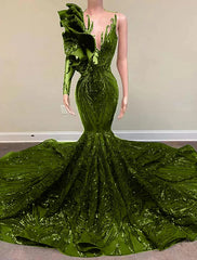 Mermaid Party Dress Evening Gown Sparkle & Shine Dress Engagement Formal Evening Court Train Long Sleeve One Shoulder Sequined with Sequin