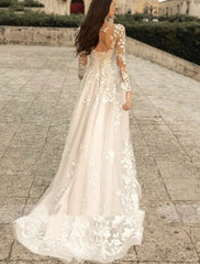 Wholesale Beach Formal Wedding Dresses A-Line V Neck Long Sleeve Sweep / Brush Train Lace Bridal Gowns With Flower Solid Color