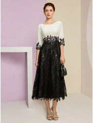 Aimishang  A-Line Mother of the Bride Dress Wedding Guest Elegant Scoop Neck Tea Length Stretch Chiffon Half Sleeve with Lace Sequin Ruching