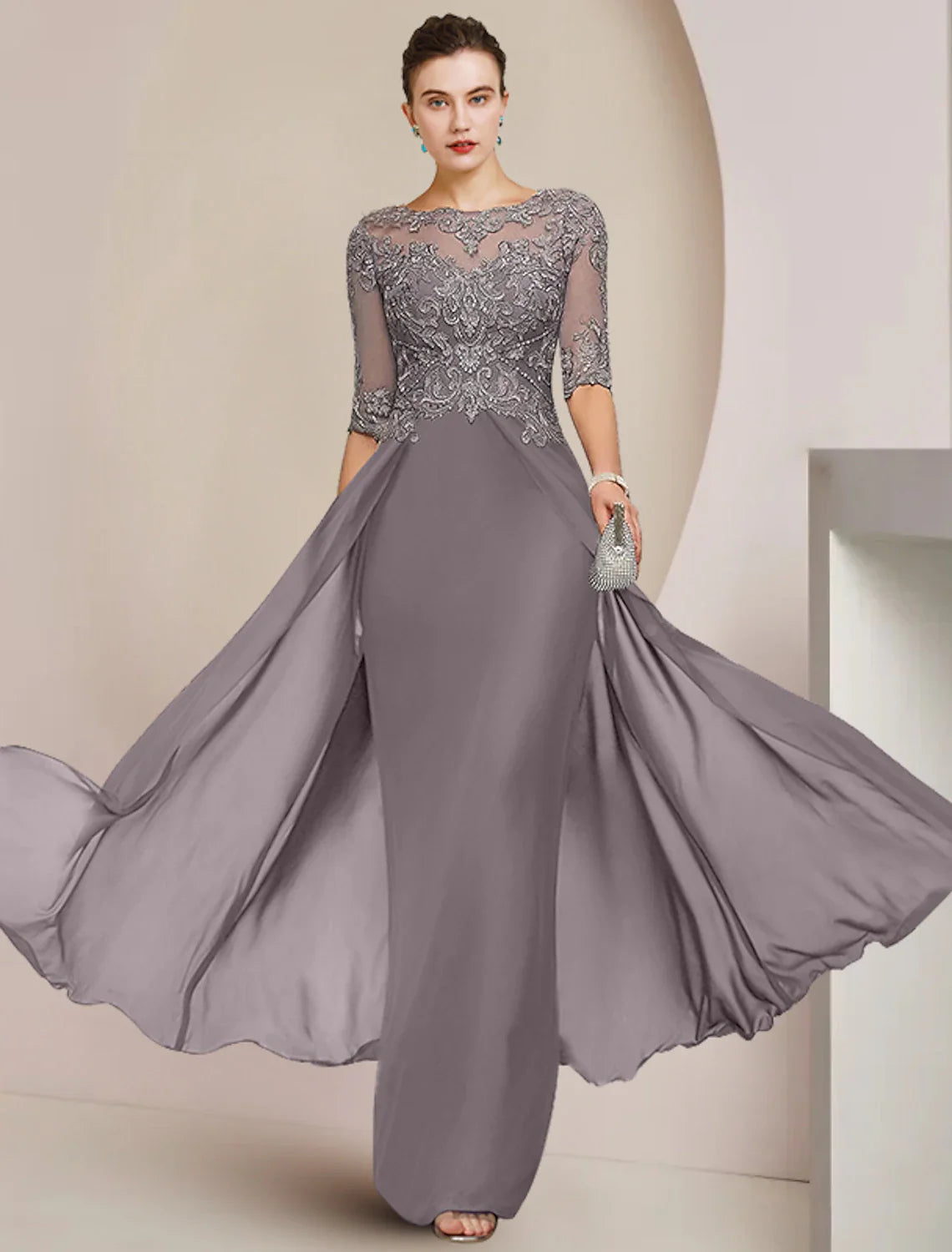 Sheath / Column Mother of the Bride Dress Formal Wedding Guest Elegant Scoop Neck Floor Length Chiffon Lace Half Sleeve with Beading Appliques