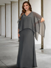 A-Line Plus Size Curve Mother of the Bride Dresses Elegant Dress Formal Floor Length Short Sleeve V Neck Chiffon with Beading