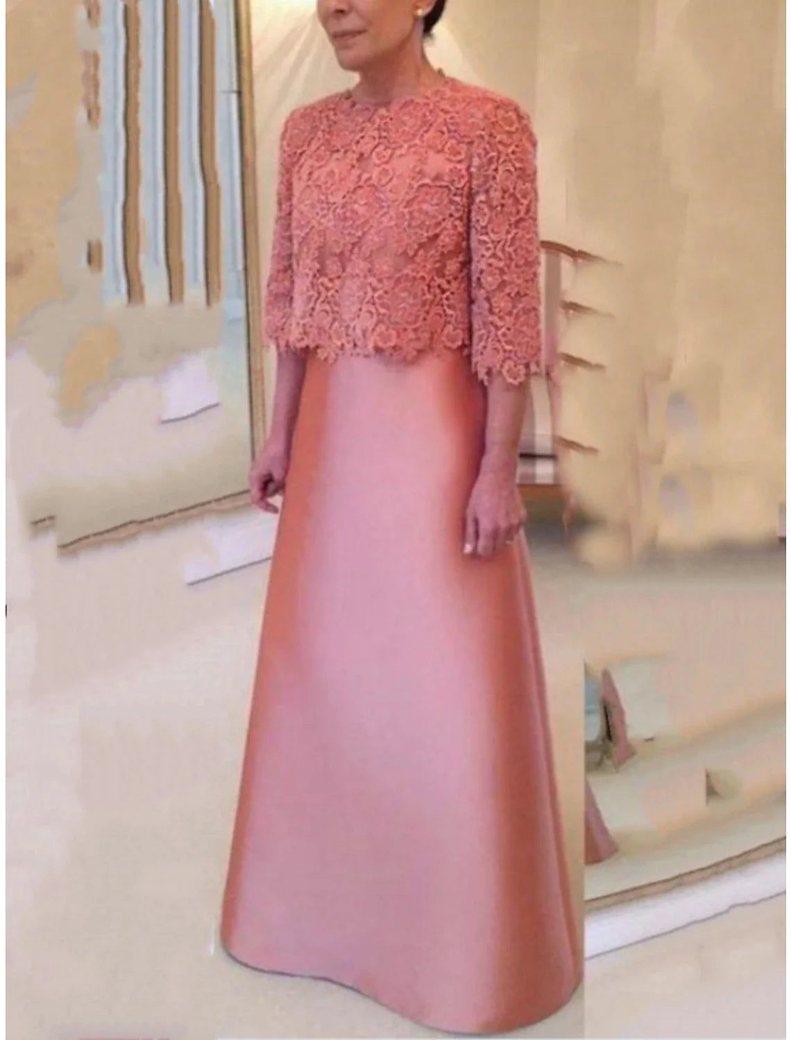 Plus Size Curve Mother of the Bride Dress Wedding Guest Elegant Party Jewel Neck Floor Length Satin Lace 3/4 Length Sleeve with Bow(s)