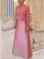 Plus Size Curve Mother of the Bride Dress Wedding Guest Elegant Party Jewel Neck Floor Length Satin Lace 3/4 Length Sleeve with Bow(s)