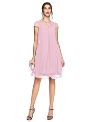 Aimishang A-Line Mother of the Bride Dress Plus Size Elegant Illusion Neck Knee Length Chiffon Lace Short Sleeve with Sequin
