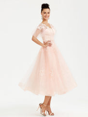 A-Line Prom Dresses Elegant Dress Wedding Short Sleeve V Neck Tulle with Appliques