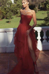 Sexy Strapless Layered Red Long Prom Dresses with High Slit,Formal Dresses