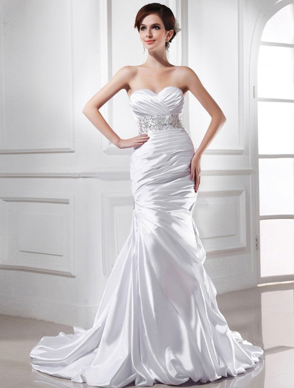 Trumpet/Mermaid Beading Sweetheart Sleeveless Elastic Woven Satin Wedding Dresses