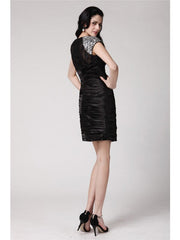 Sheath/Column Scoop Short Sleeves Beading Lace Short Elastic Woven Satin Cocktail Dresses