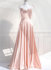 Pink Satin Straps Low Back Long Evening Dress, Pink Satin Prom Dress