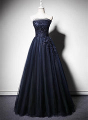 Navy Blue A-Line Tulle Prom Dress Long Corset Wedding Guest Outfit