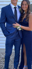 Fancy Navy Blue Mermaid Prom Dress Split Elegant Gowns Evening