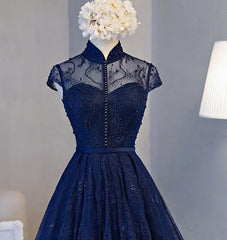 Robe de fête en dentelle de la longueur du genou bleu marine, robe de retour à la maison