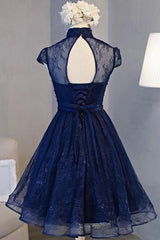 Robe de fête en dentelle de la longueur du genou bleu marine, robe de retour à la maison