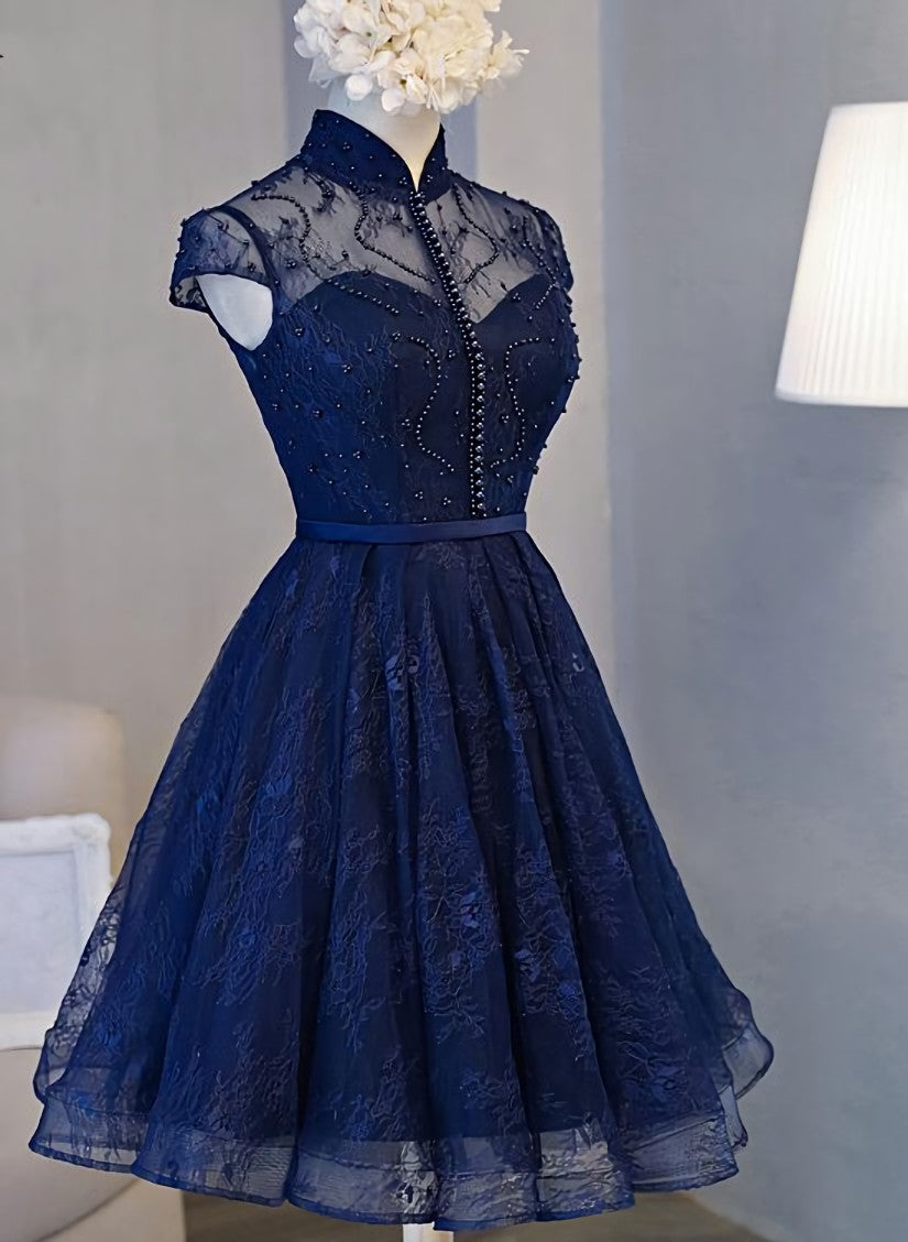Robe de fête en dentelle de la longueur du genou bleu marine, robe de retour à la maison
