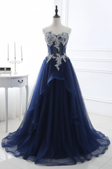 Lace-up Appliques Tulle Long A-line Prom Dress Sky Blue Evening Dress