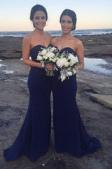 Navy Blue Mermaid Sweetheart Strapless Sweep Train Bridesmaid Dress With Pleats