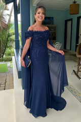 Off-The-Shoulder Mermaid Chiffon Wedding Guest Dresses Long with Appliques