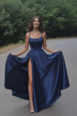 Simple A Line Red Satin Prom Dresses Long with High Slit Formal Graduation Evening Dresses