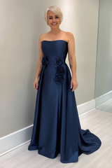Dusty Blue Satin Mother of the Bride Dress Strapless with Flowers