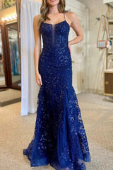 Navy Blue Sequin Lace Mermaid Prom Dress 2025 with Spaghetti Strap & Plunging V-Neck – FD5037
