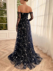 Navy Blue Starry Tulle Prom Dresses with Gloves, Slit & Sweetheart Neckline - TO0004