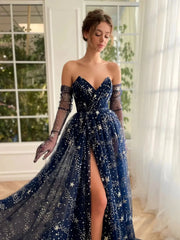 Navy Blue Starry Tulle Prom Dresses with Gloves, Slit & Sweetheart Neckline - TO0004