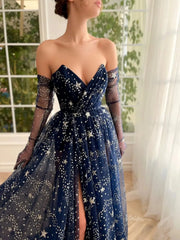 Navy Blue Starry Tulle Prom Dresses with Gloves, Slit & Sweetheart Neckline - TO0004