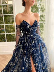 Navy Blue Starry Tulle Prom Dresses with Gloves, Slit & Sweetheart Neckline - TO0004